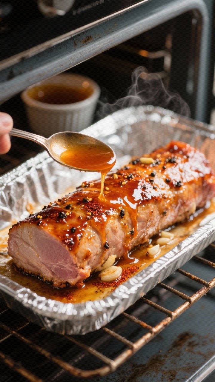 Close-up detail and cooking process: Maple Dijon–glazed pork tenderloin basting in the oven midway