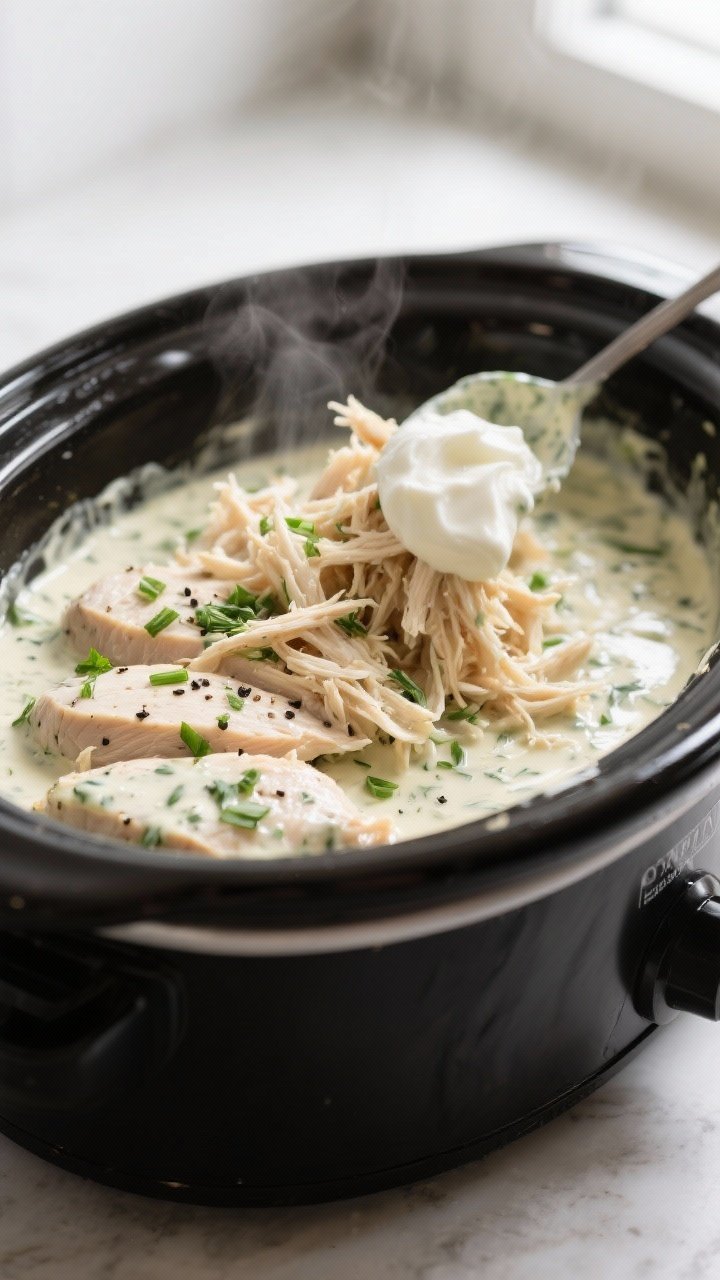 Close-up detail and cooking process: Shredded ranch chicken being folded back into the silky sauce i