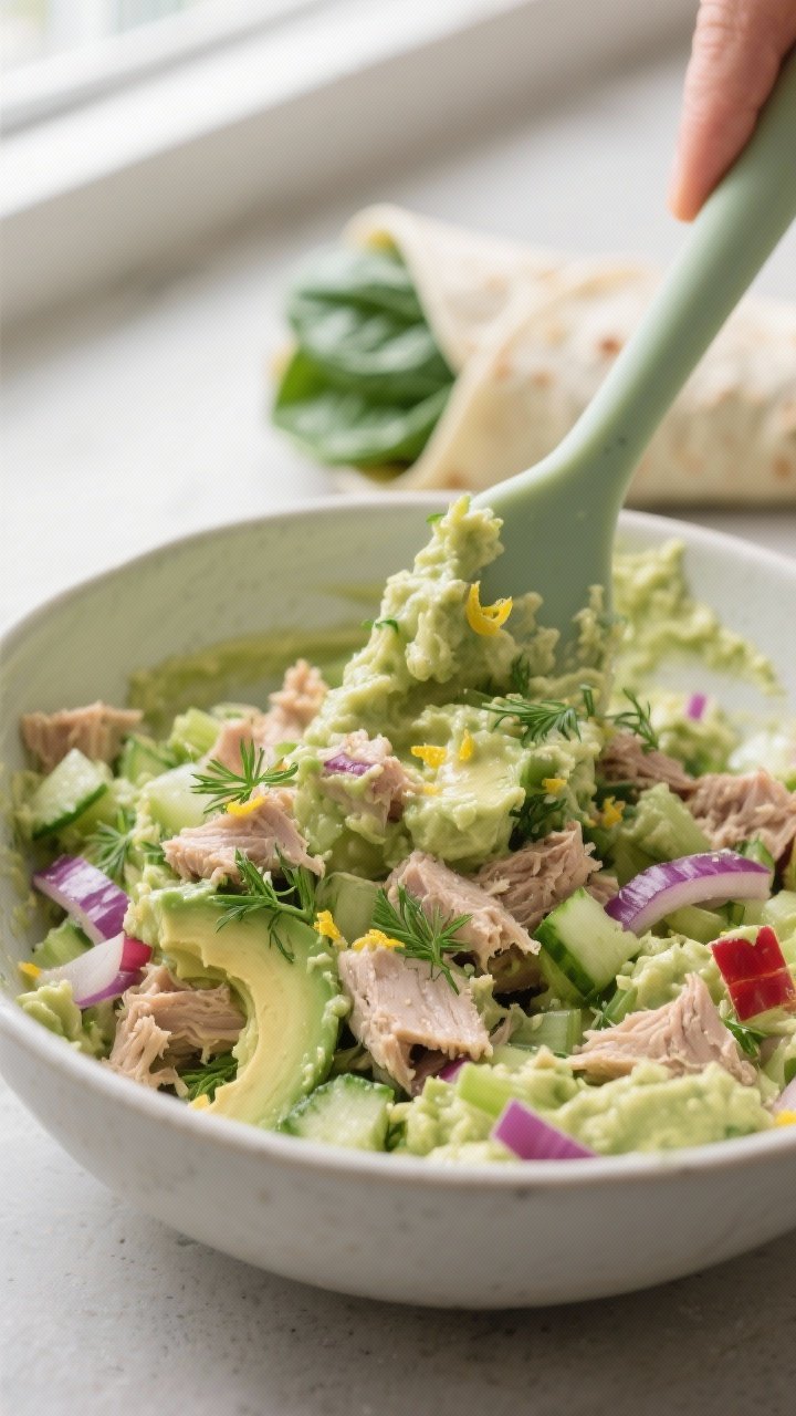 Close-up detail and process: A mixing bowl filled with creamy avocado tuna salad mid-prep, showing m