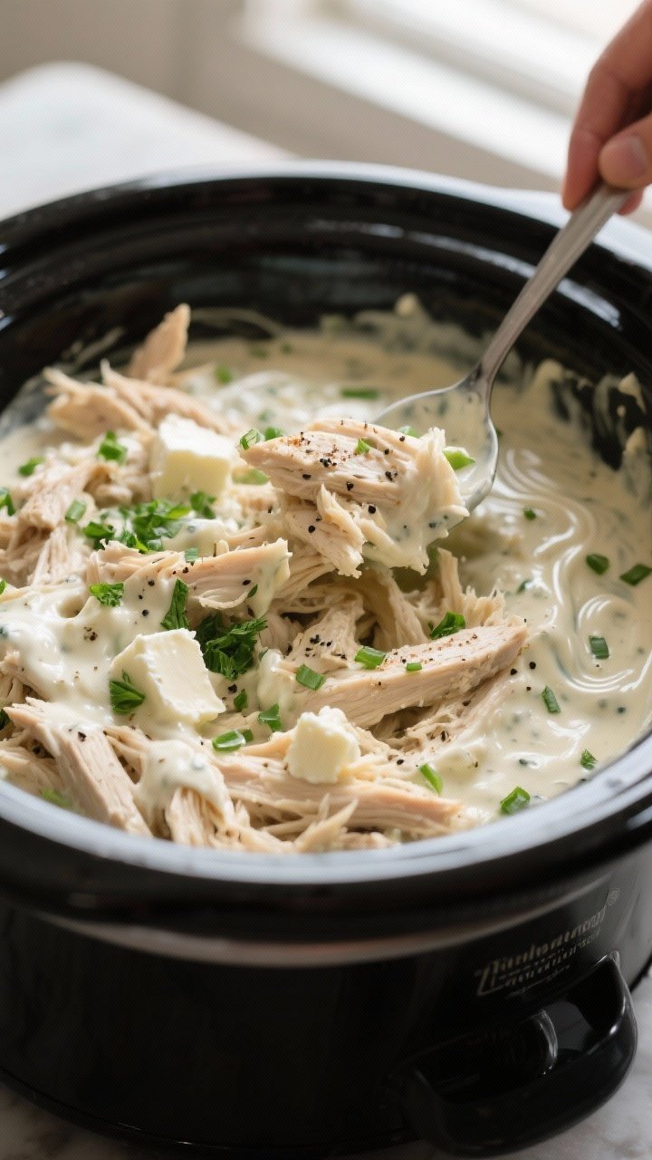 Close-up detail and process: Creamy ranch crockpot chicken just after shredding and stirring back in