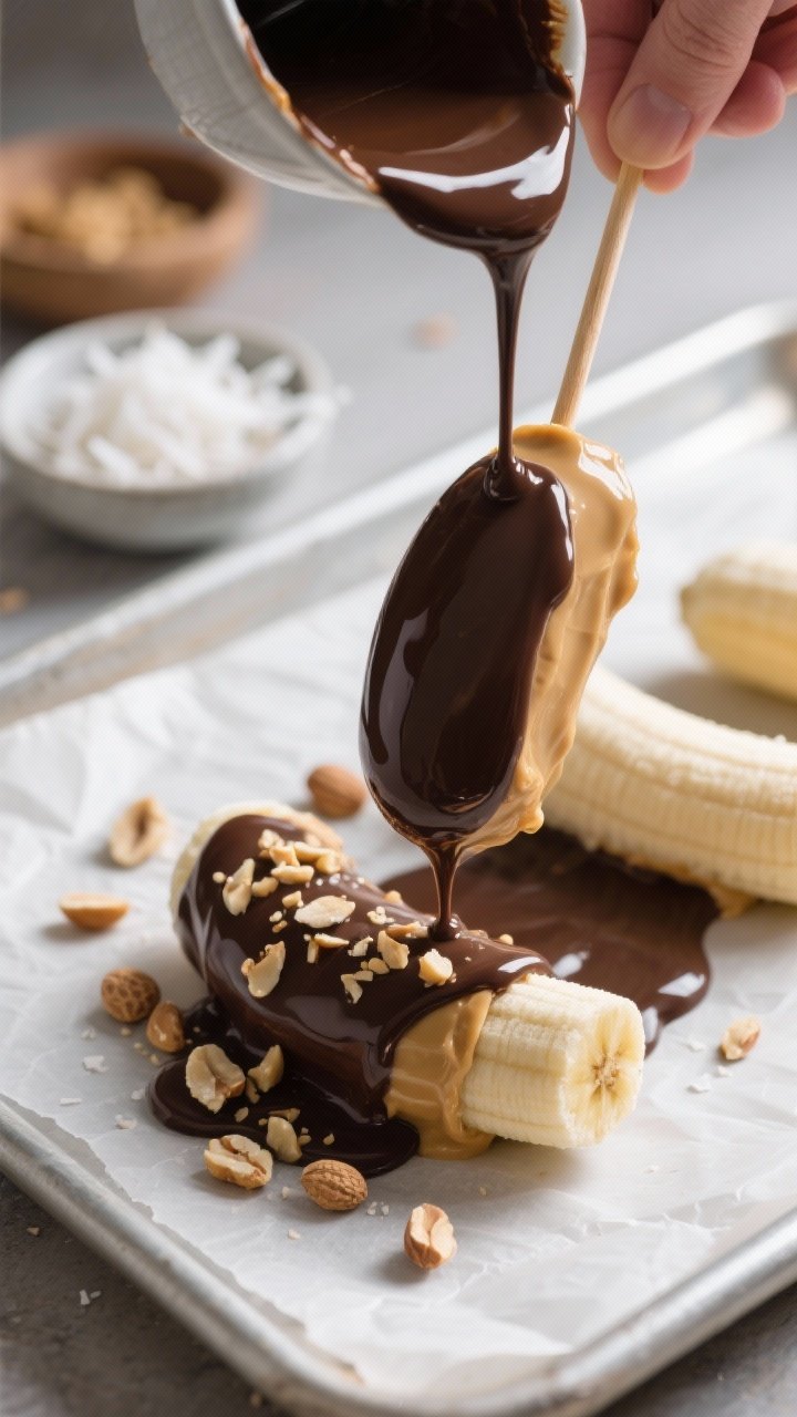 Close-up detail and process: Peanut-butter–coated frozen banana halves being dipped into glossy me
