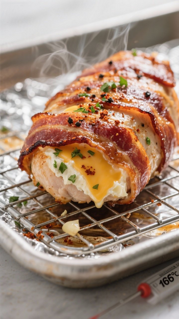 Close-up detail: Bacon-wrapped chicken breast just out of the oven on a wire rack over a foil-lined 
