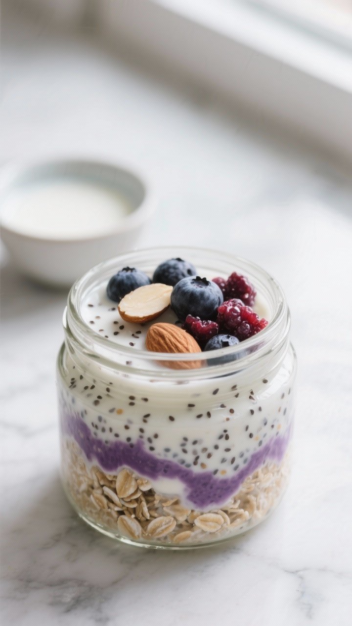 Close-up detail/cooking process: A mason jar of Berry Almond Overnight Oats just after mixing, showi