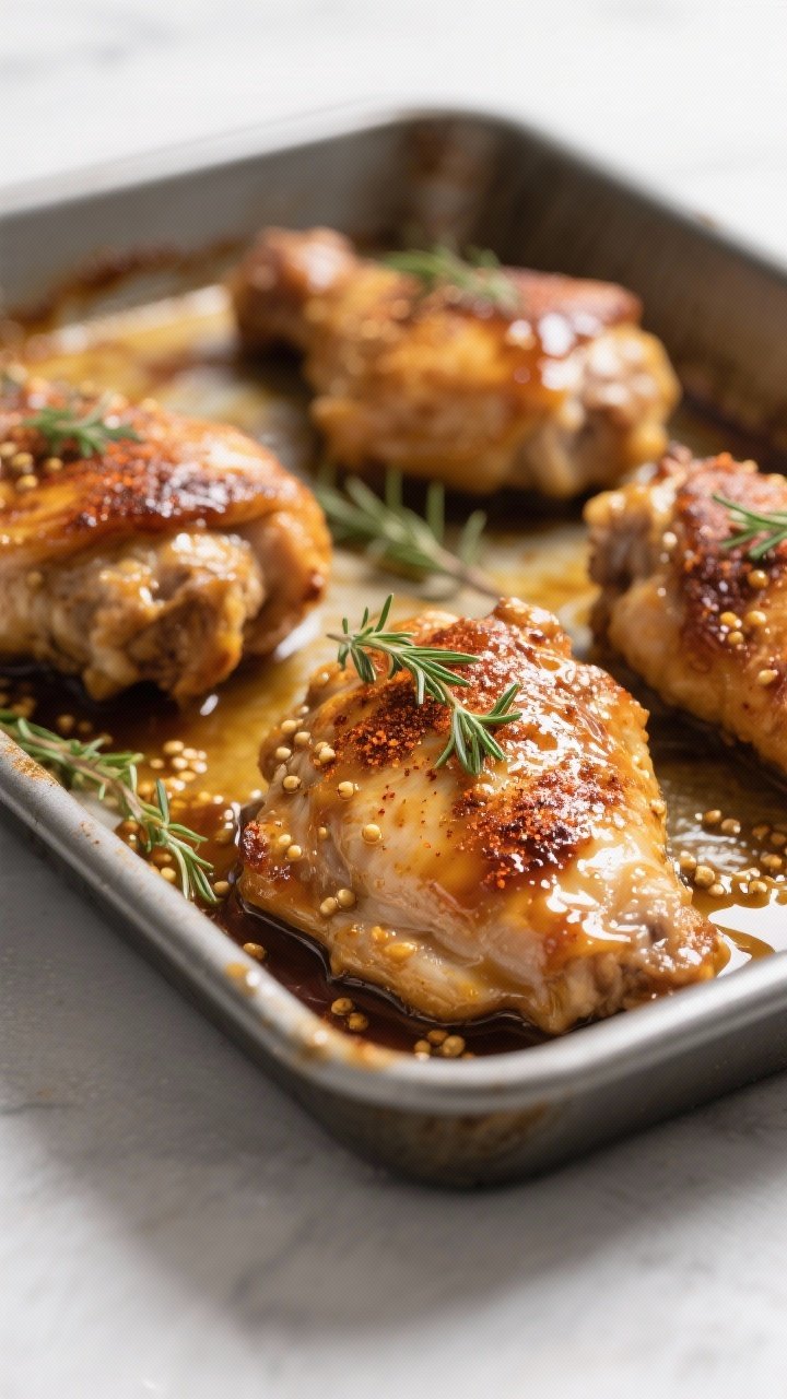 Close-up detail, cooking process: Broiled honey mustard chicken thighs in a 9x13 baking dish just ou
