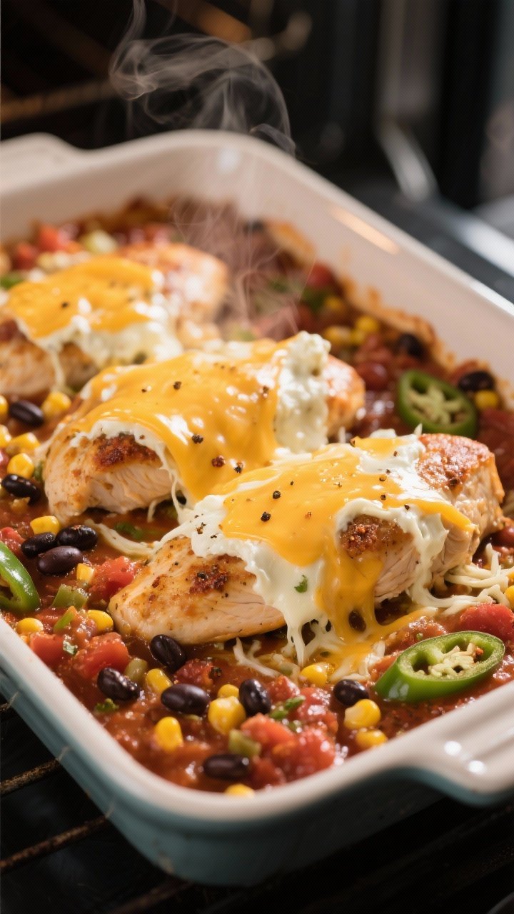 Close-up detail, cooking process: Cheese-topped taco chicken finishing in the oven, uncovered 9x13 b