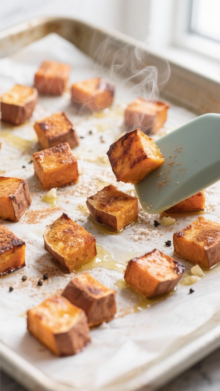 Close-up detail/cooking process: Cinnamon roasted sweet potato bites mid-roast on a parchment-lined 