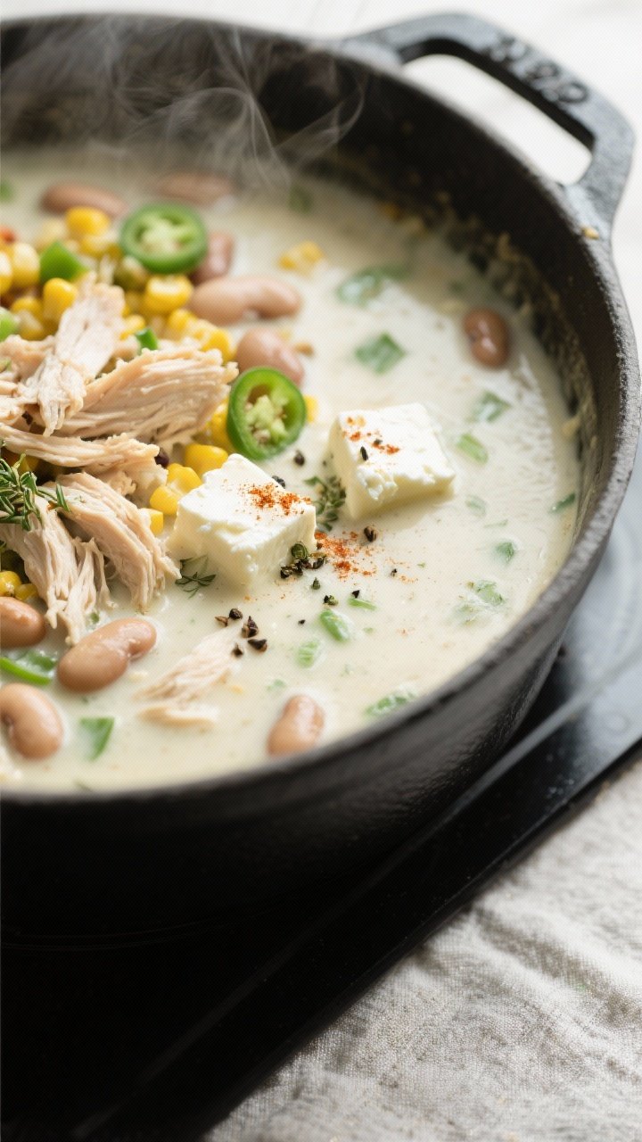 Close-up detail, cooking process: Creamy white chicken chili melting together in a matte black Dutch