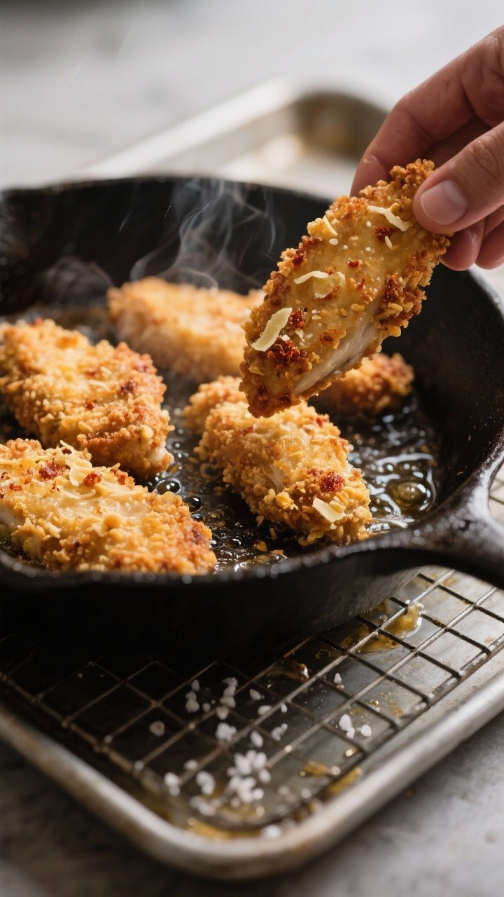 Close-up detail, cooking process: Crispy ranch chicken tenders just lifted from a cast-iron skillet,