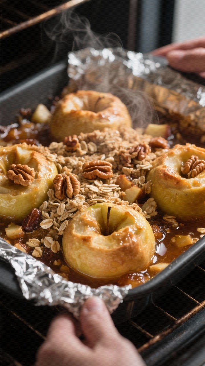 Close-up detail, cooking process: Foil-covered baking dish just uncovered in the oven revealing bake