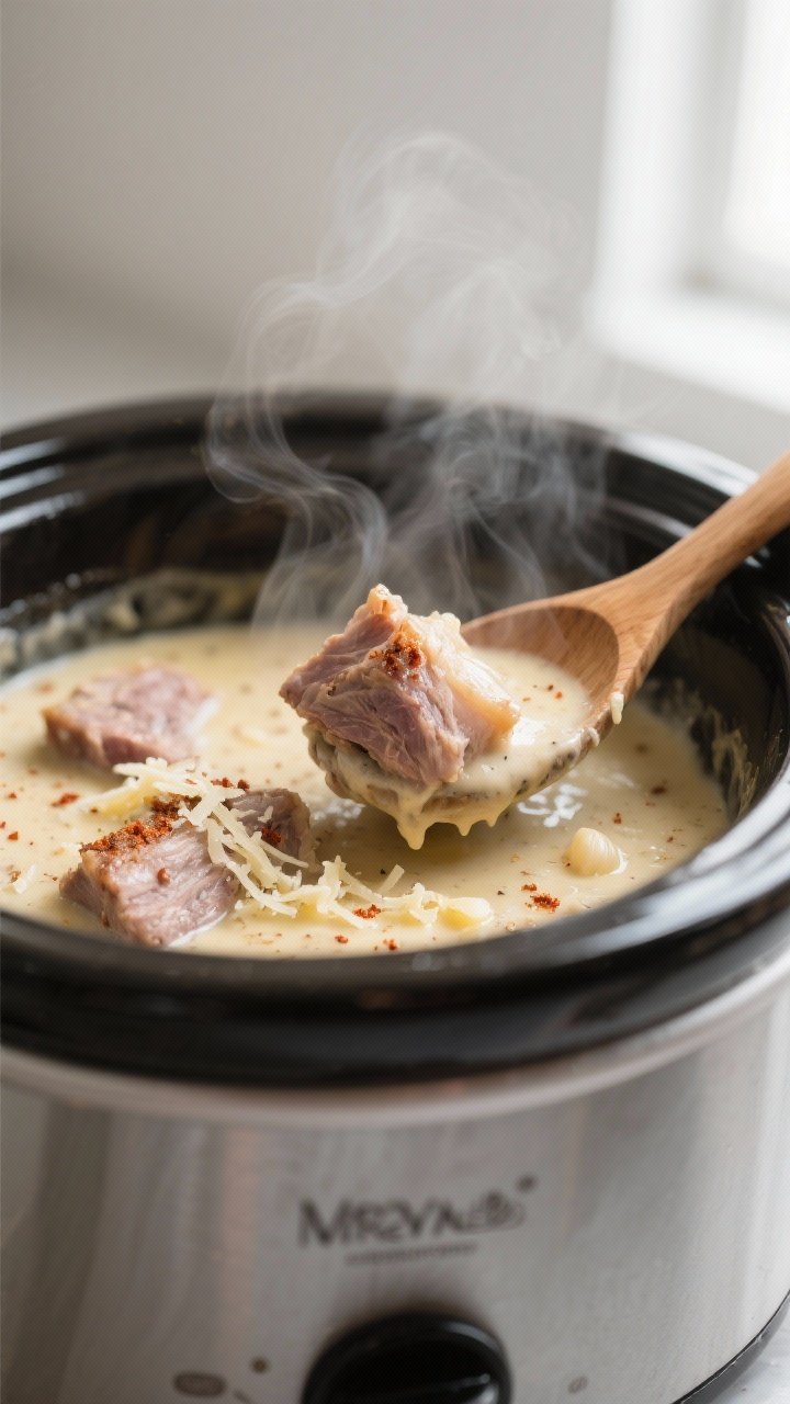 Close-up detail, cooking process: Fork-tender chunks of cooked pork shoulder bathing in a silky garl