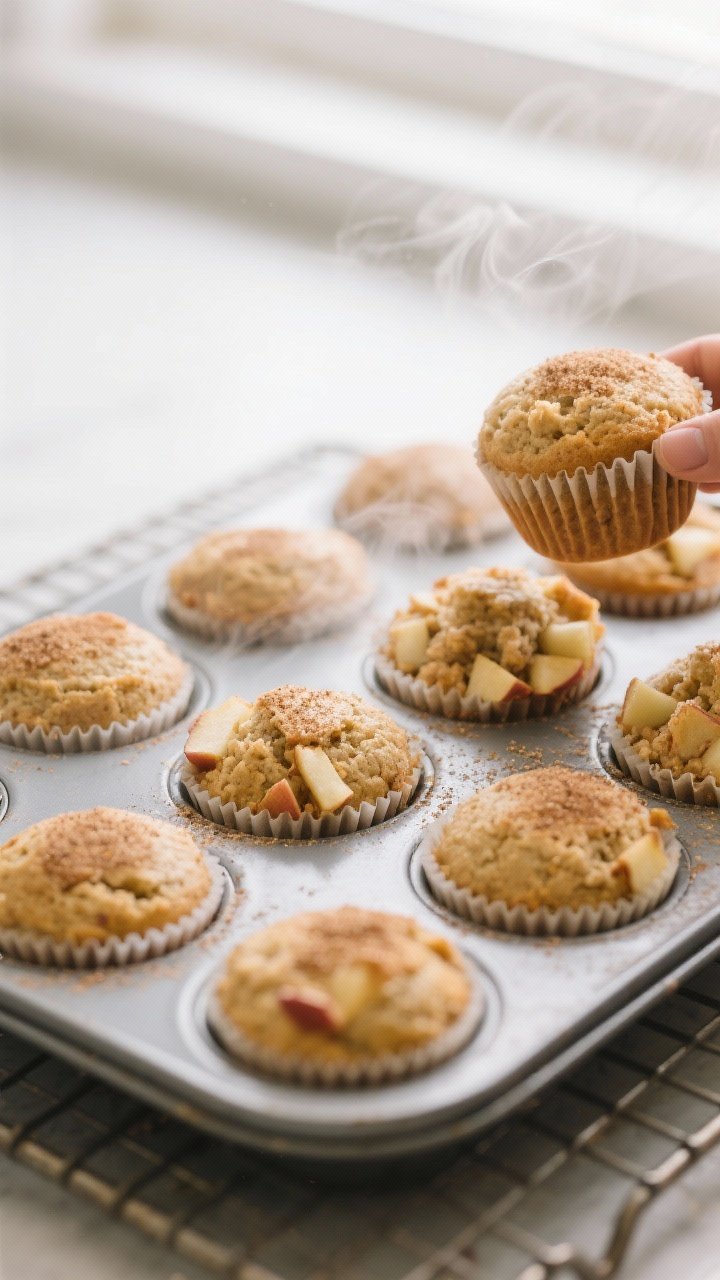 Close-up detail, cooking process: Freshly baked gluten-free, dairy-free apple muffins just out of th