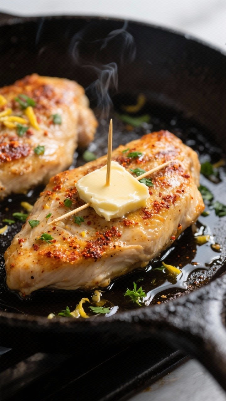 Close-up detail, cooking process: Garlic butter stuffed chicken breasts searing in a black cast-iron