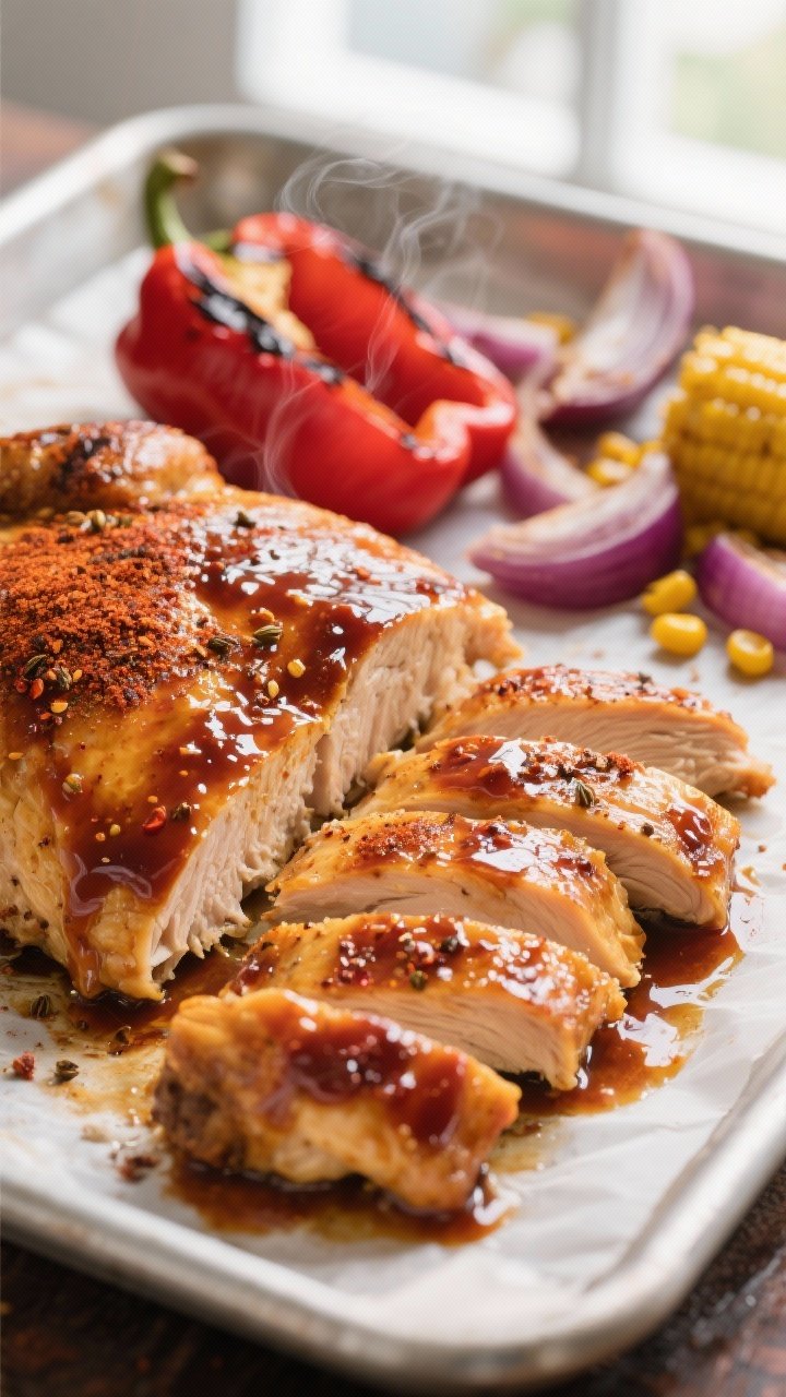 Close-up detail, cooking process: Glazed BBQ chicken just out of the oven on a parchment-lined sheet