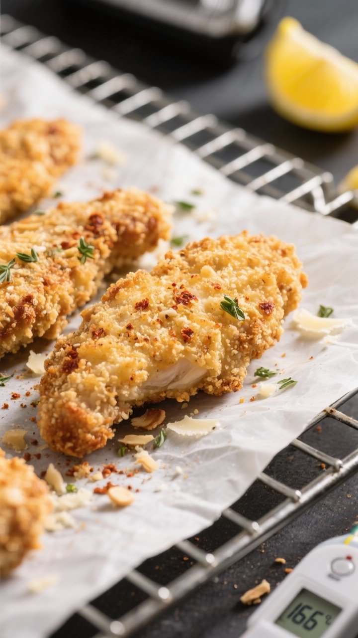 Close-up detail/cooking process: Golden low-carb chicken tenders just out of the oven on a wire rack