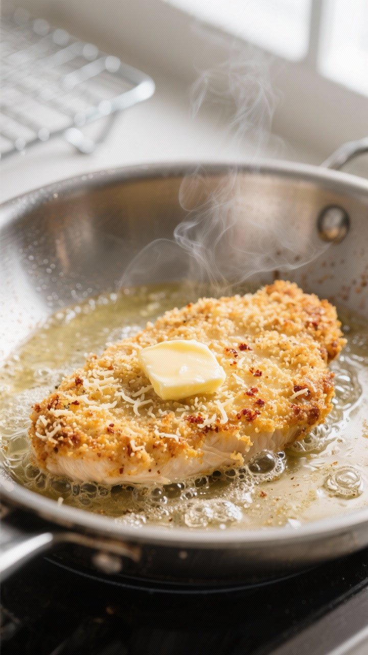 Close-up detail, cooking process: Golden Parmesan-crusted chicken cutlet sizzling in a stainless-ste