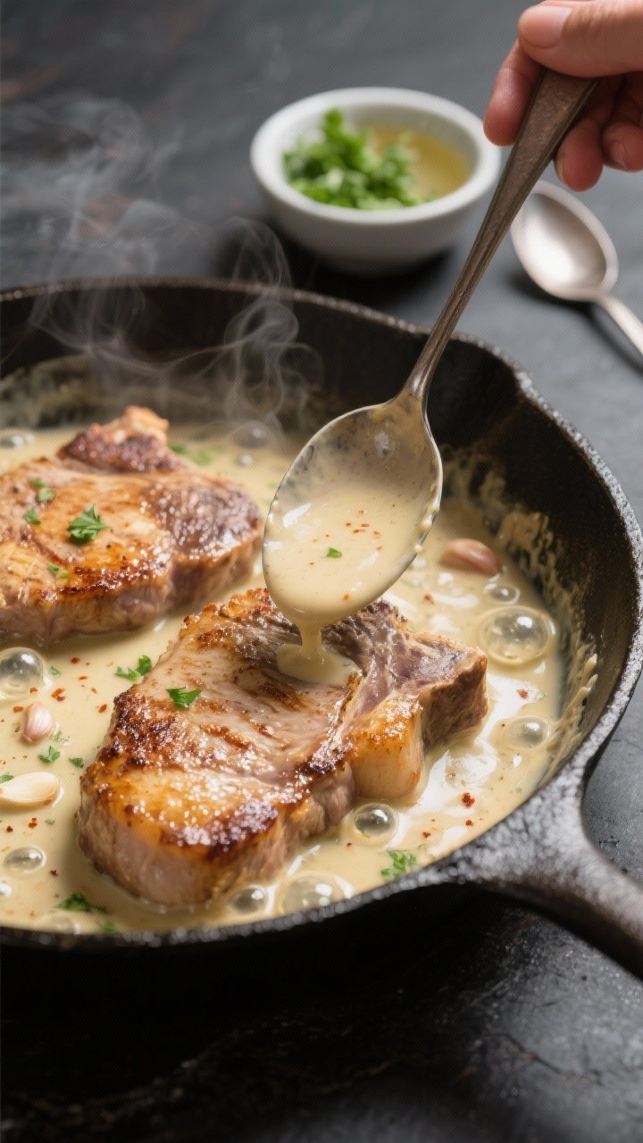 Close-up detail, cooking process: Golden-seared boneless pork chops simmering in a skillet of creamy