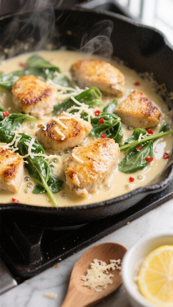 Close-up detail, cooking process: Golden seared chicken bites simmering in a silky garlic-Parmesan A