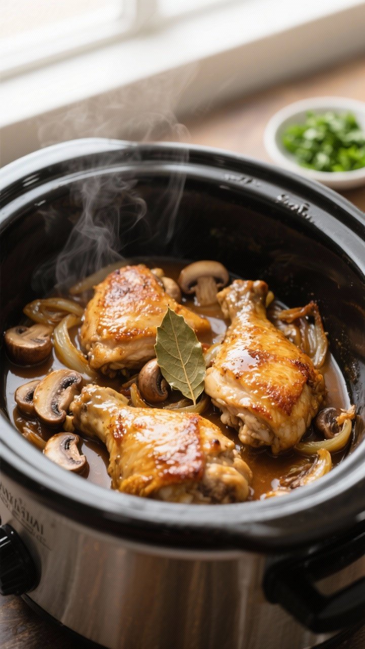 Close-up detail, cooking process: Golden-seared chicken thighs nestled in a slow cooker with sautée
