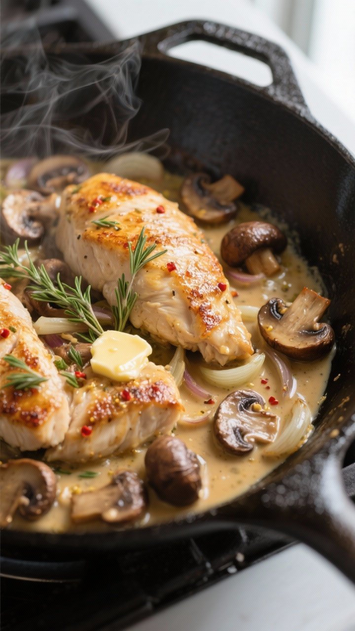 Close-up detail/cooking process: Golden-seared chicken breasts nestled in a skillet with deeply brow