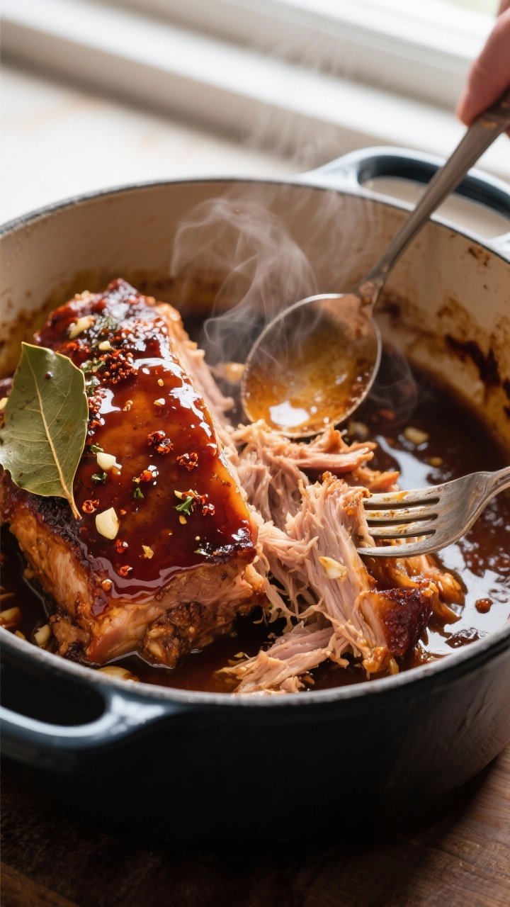 Close-up detail, cooking process: Honey balsamic pork shoulder just out of the oven in a dark enamel