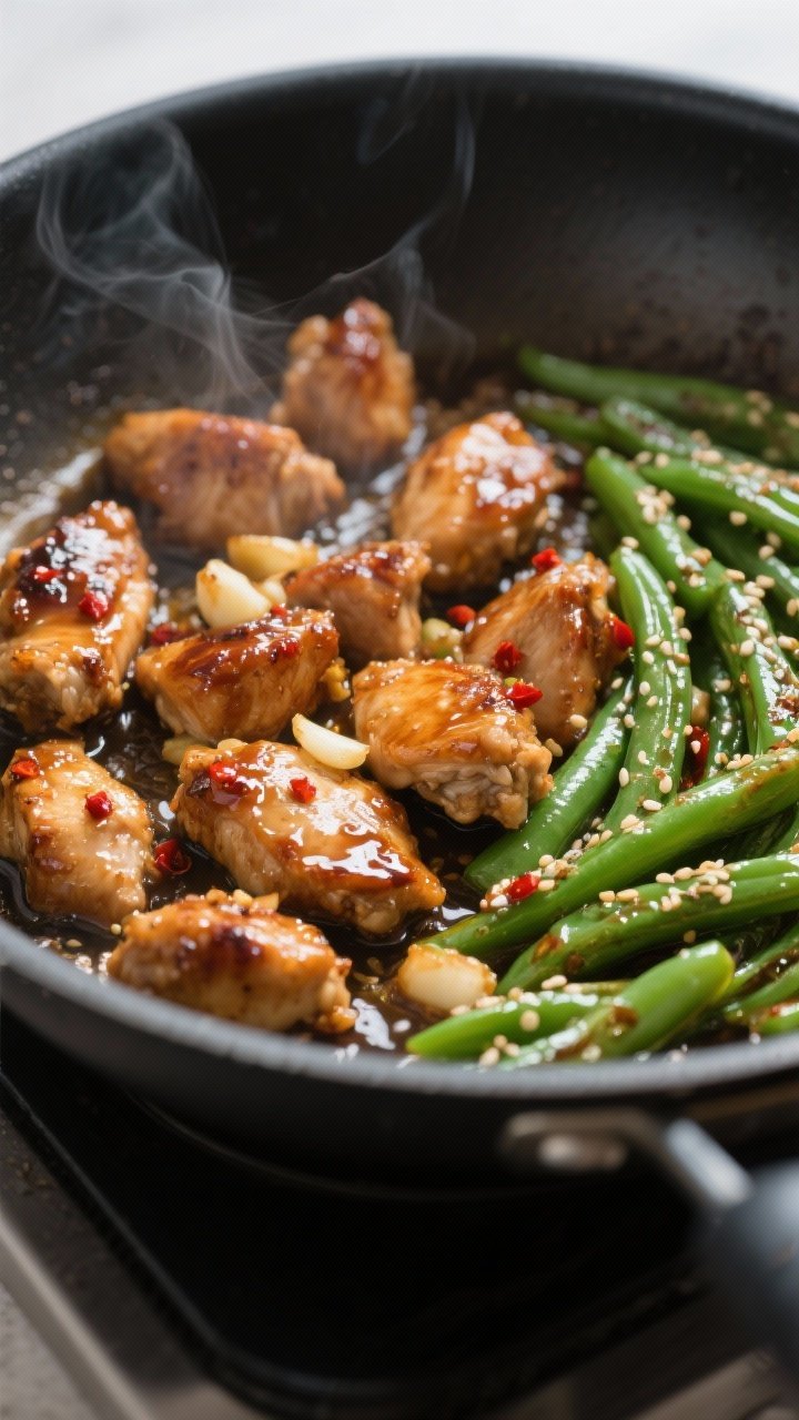 Close-up detail/cooking process: Honey garlic chicken sizzling in a large skillet as the glossy sauc