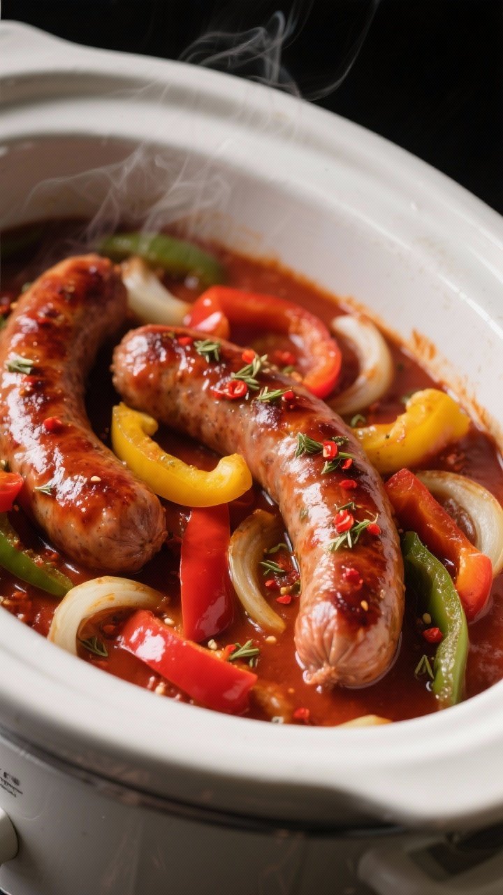 Close-up detail, cooking process: Juicy Italian sausage links nestled among tender, cooked bell pepp