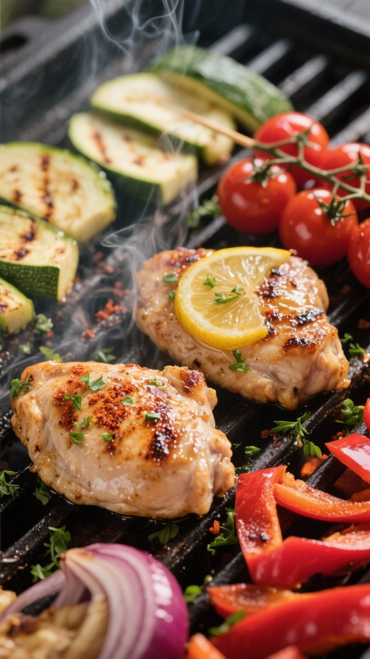 Close-up detail, cooking process: Juicy lemon-garlic marinated chicken thighs sizzling on a hot gril