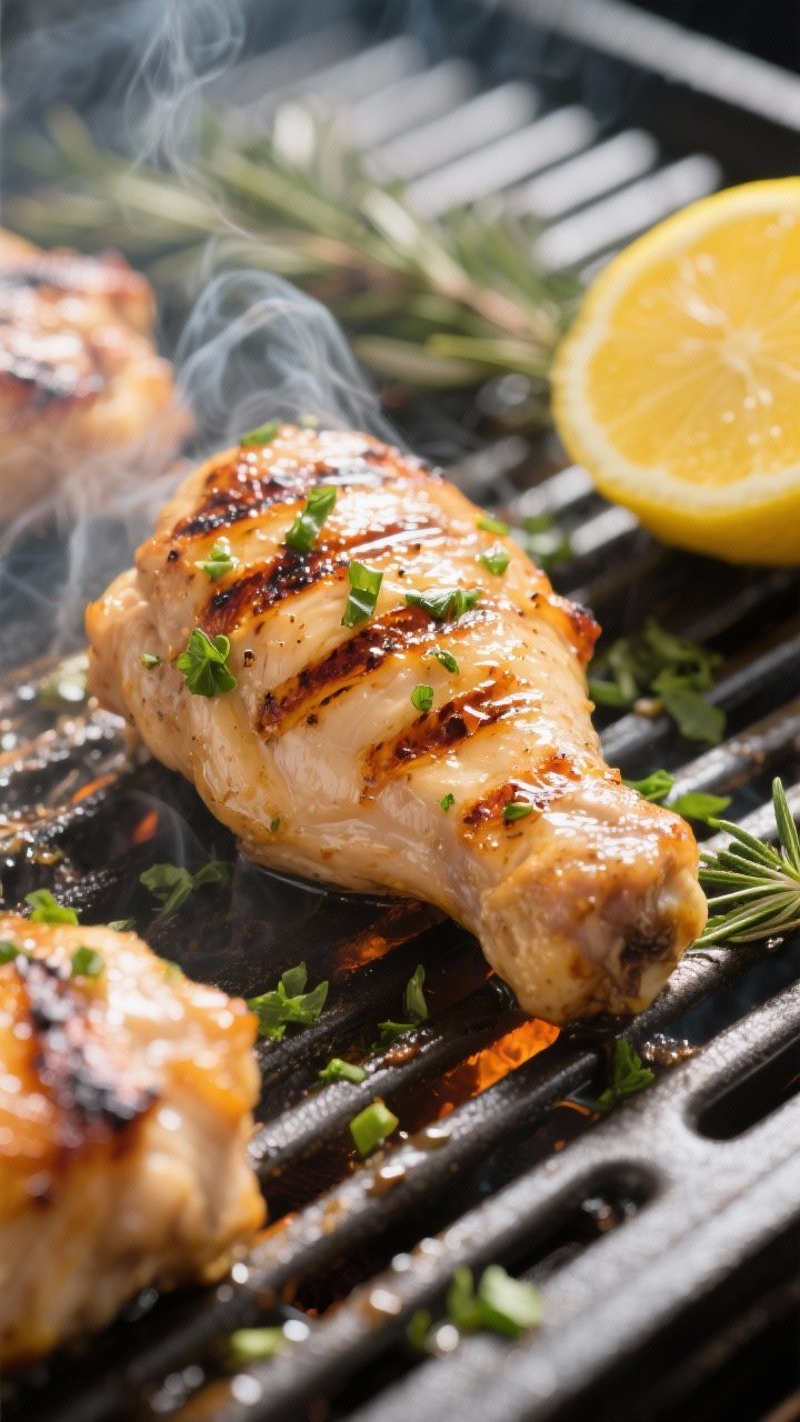 Close-up detail, cooking process: Juicy lemon-herb grilled chicken thighs sizzling on clean, oiled g