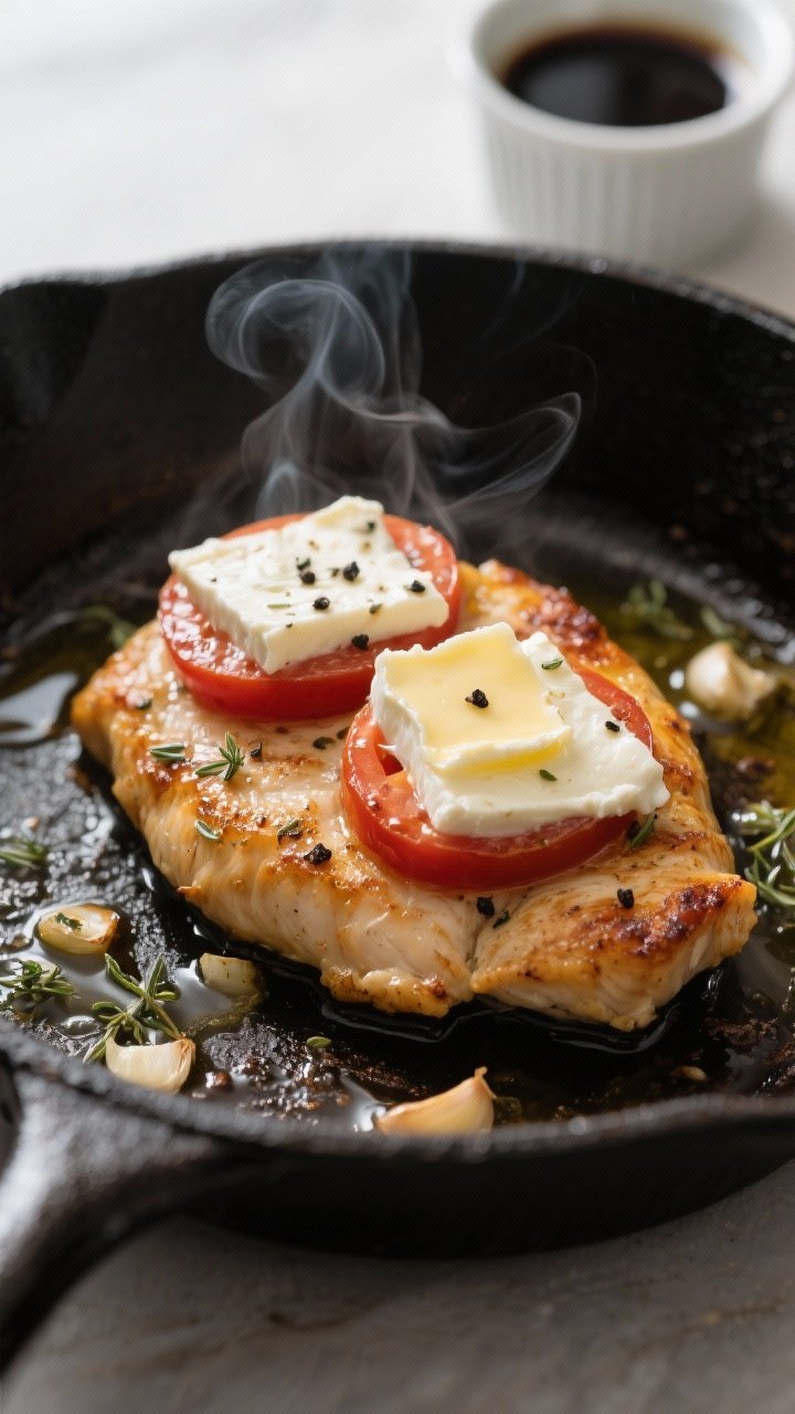 Close-up detail, cooking process: Pan-seared Caprese chicken in a black cast-iron skillet at the mel