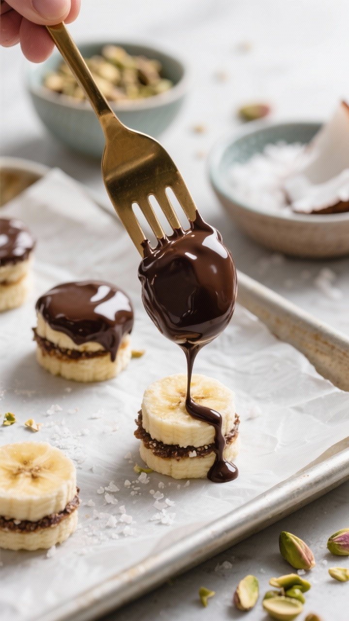 Close-up detail, cooking process: Pre-frozen banana “sandwich” bites being dipped into glossy me