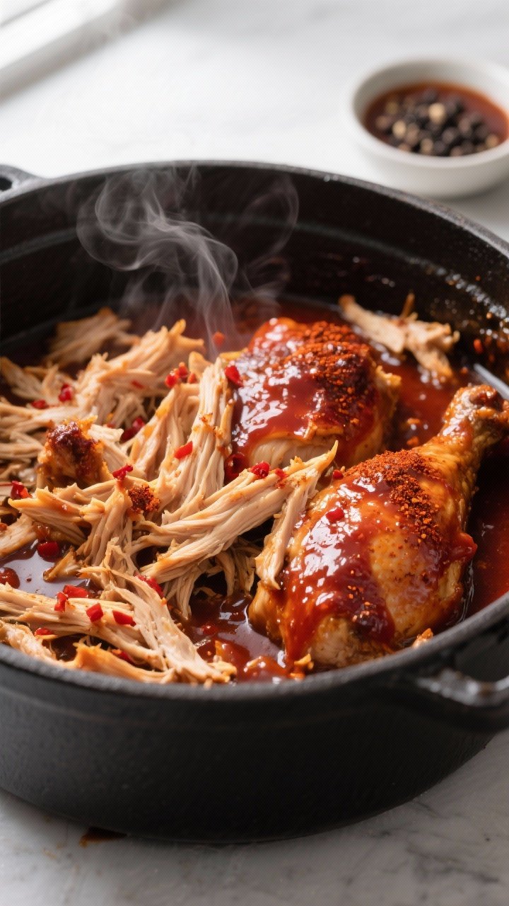 Close-up detail, cooking process: Pulled BBQ chicken just after shredding and being folded back into