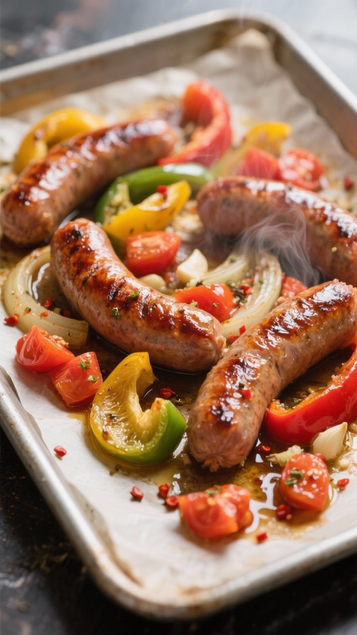 Close-up detail/cooking process: Roasted Italian sausage links nestled over tender bell pepper and o