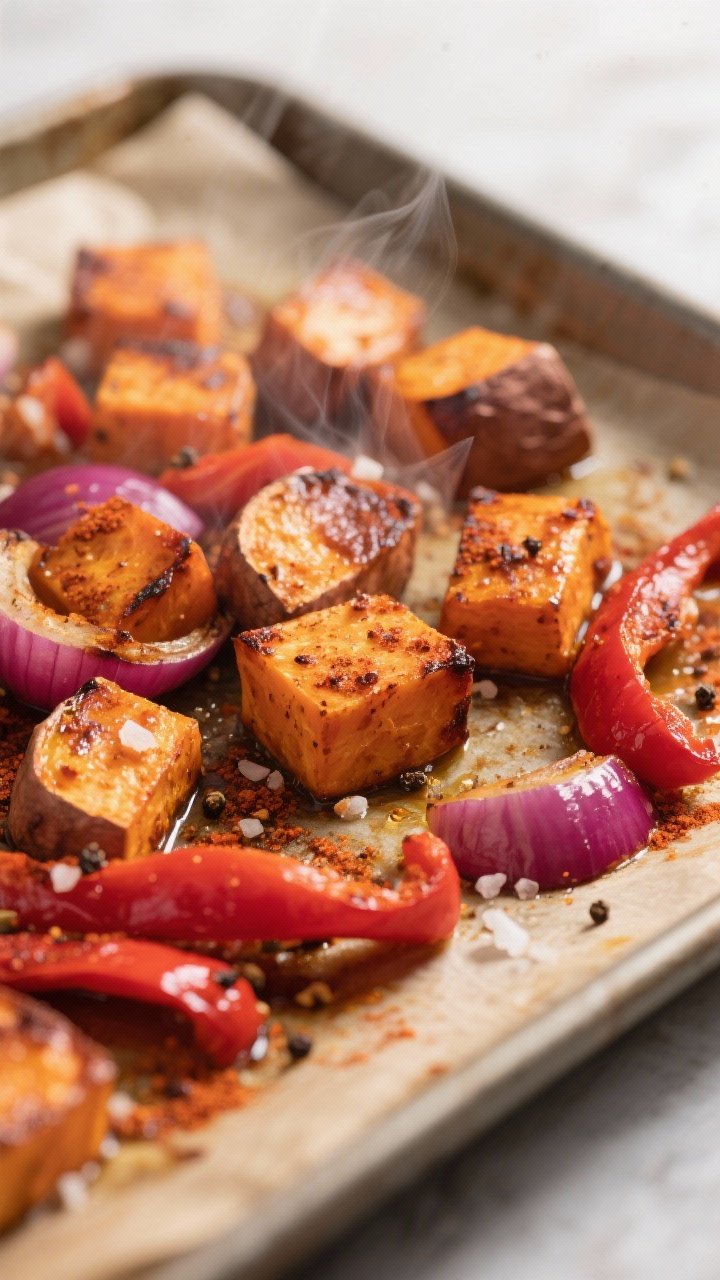 Close-up detail, cooking process: Roasted sweet potato cubes, red onion wedges, and red bell pepper 