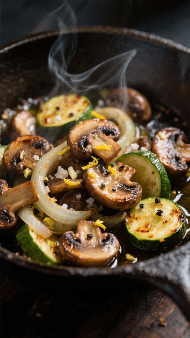Close-up detail, cooking process: Sautéed mushroom and zucchini medley in a cast-iron skillet over 