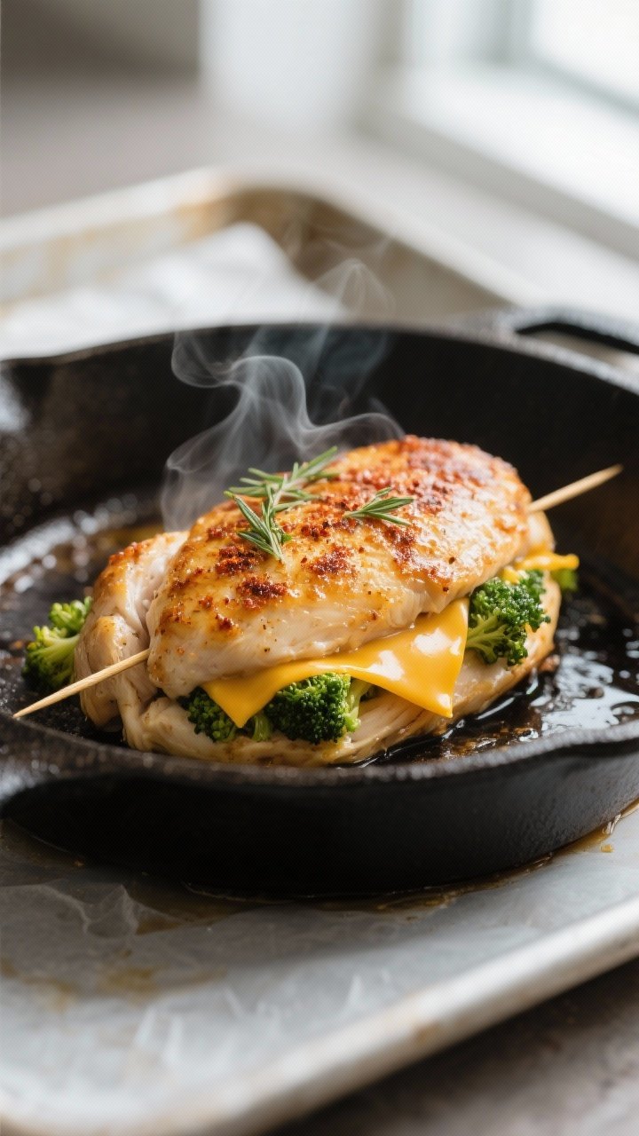 Close-up detail, cooking process: Searing broccoli & cheddar stuffed chicken in a cast-iron skillet,