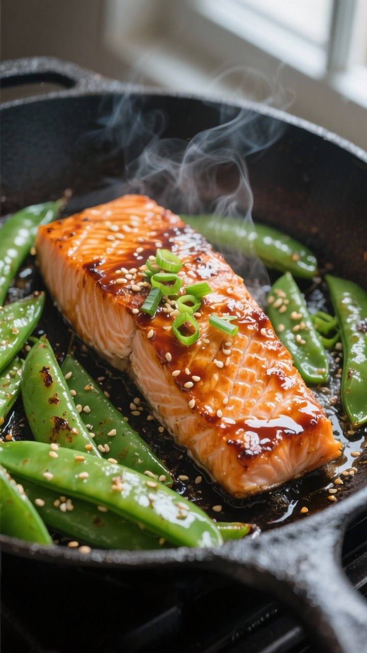 Close-up detail/cooking process: Searing teriyaki-glazed salmon fillets skin-side down in a heavy sk