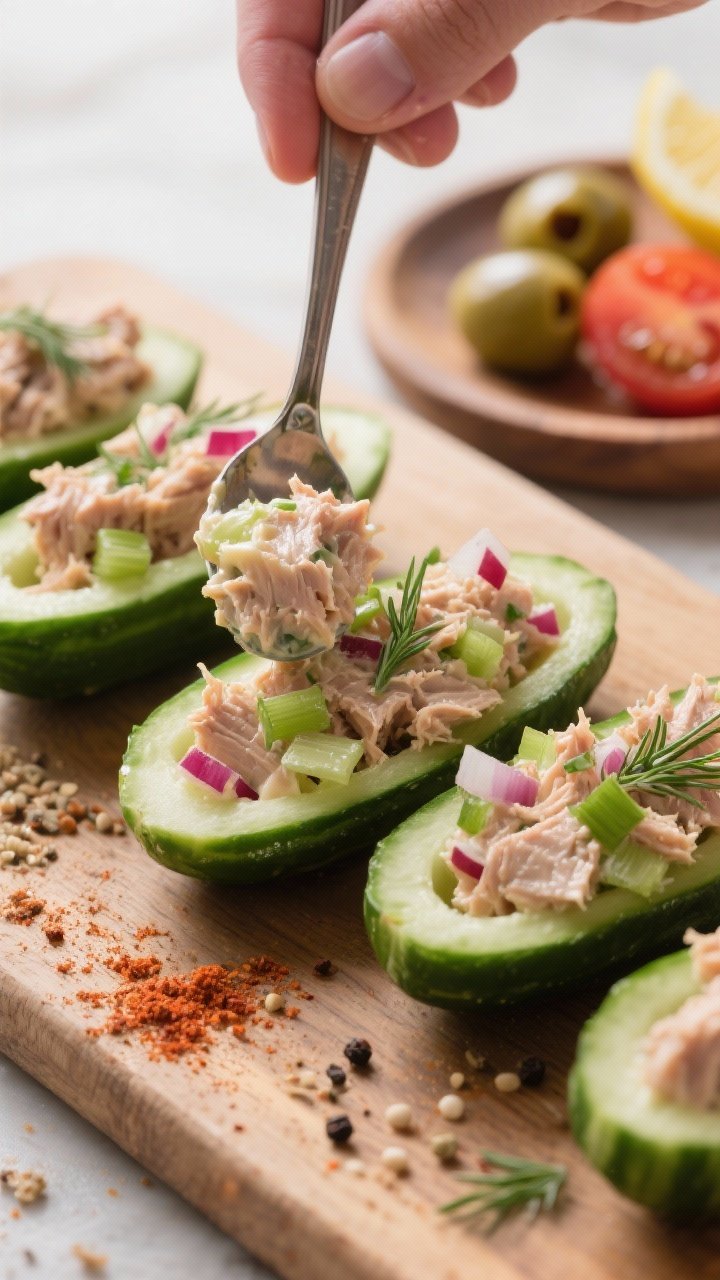 Close-up detail/cooking process shot: Cucumber tuna boats being assembled on a wooden board—halved