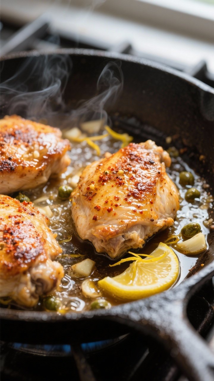 Close-up detail, cooking process: Sizzling lemon-garlic-butter chicken thighs skin-side down in a ca