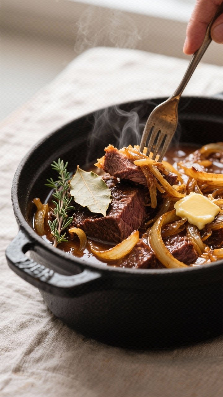 Close-up detail/cooking process: Slow-cooked French Onion Beef in a Dutch oven, fork shredding tende