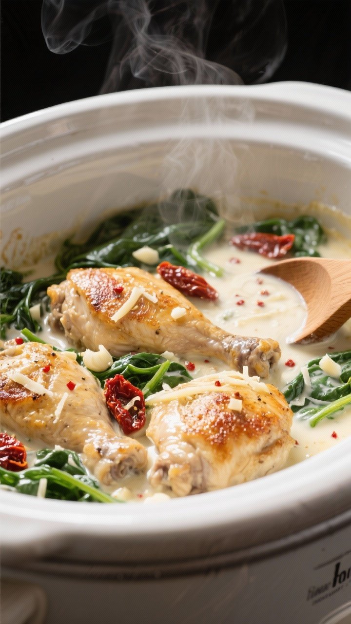 Close-up detail/cooking process: Slow Cooker Creamy Tuscan Chicken just after cream and cheese are s