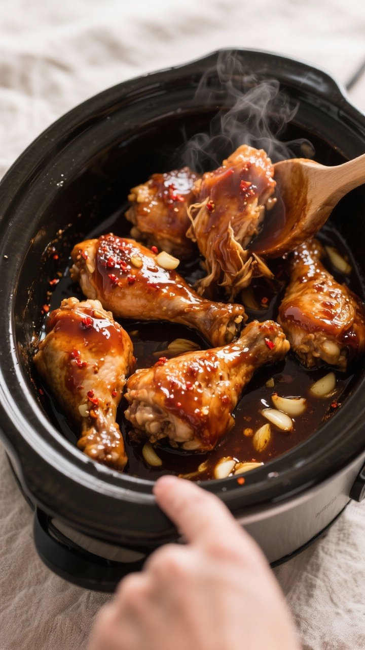 Close-up detail, cooking process: Slow cooker filled with tender, fully cooked honey garlic chicken 