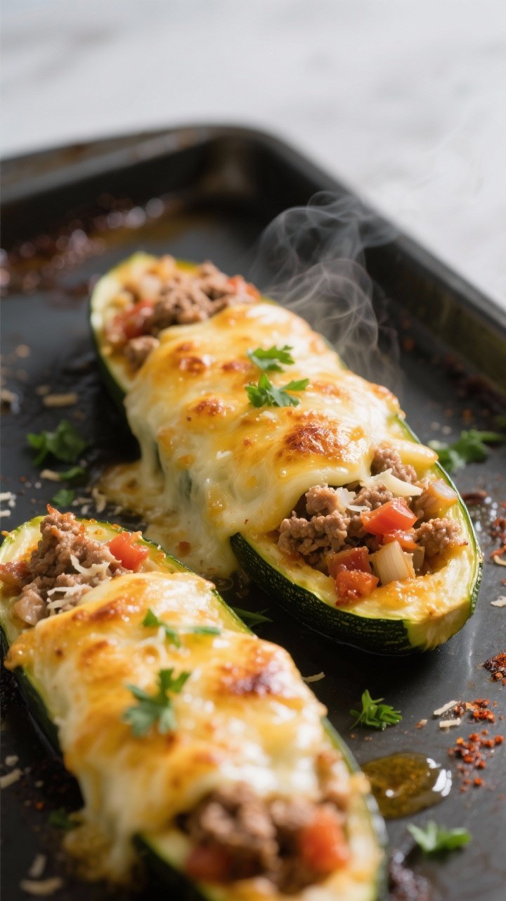 Close-up detail/cooking process: Stuffed zucchini boats just out of the oven on a dark sheet pan, ch