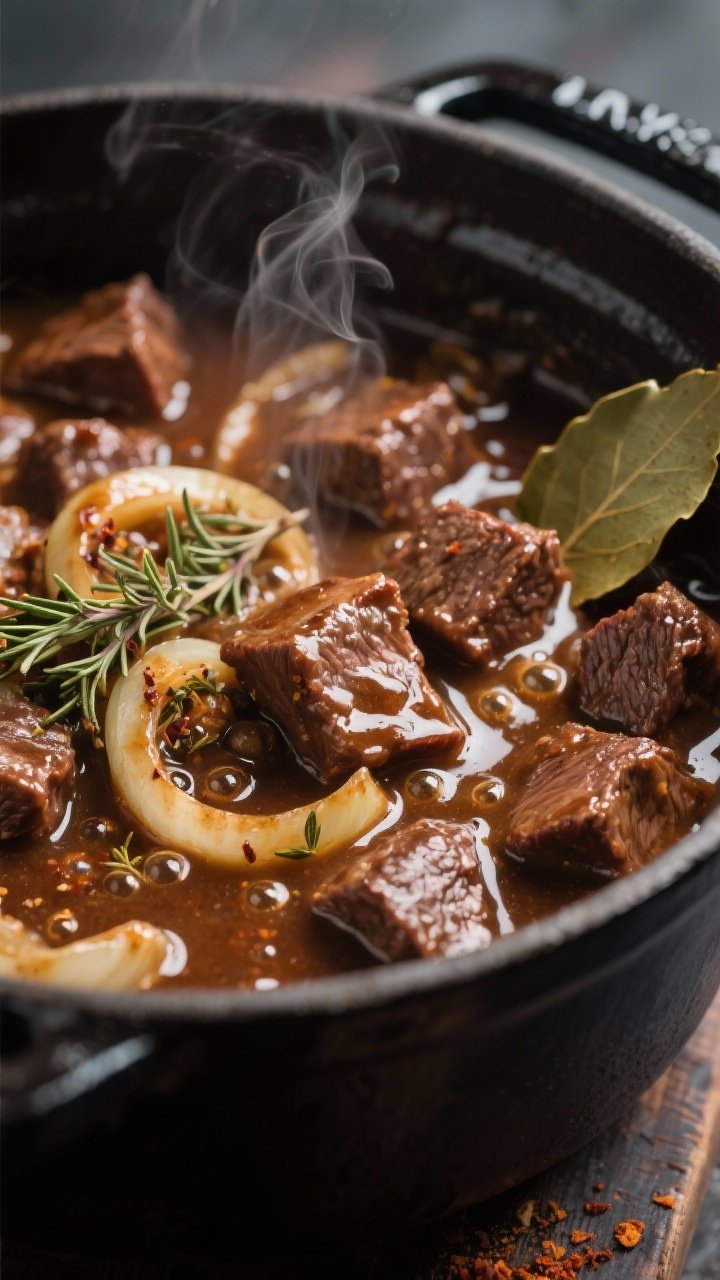 Close-up detail, cooking process: Tender beef tips simmering in a Dutch oven, captured mid-bubble in