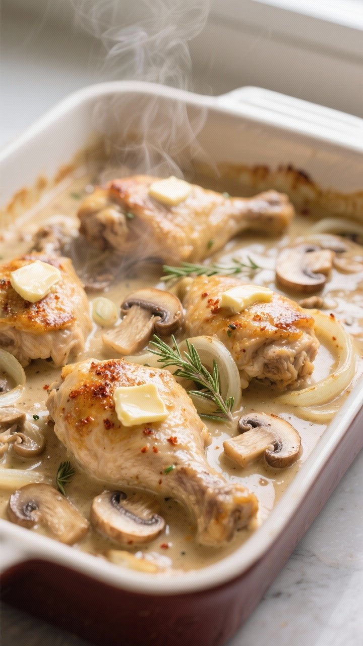 Close-up detail, cooking process: Tender chicken thighs nestled in a bubbling, creamy mushroom sauce