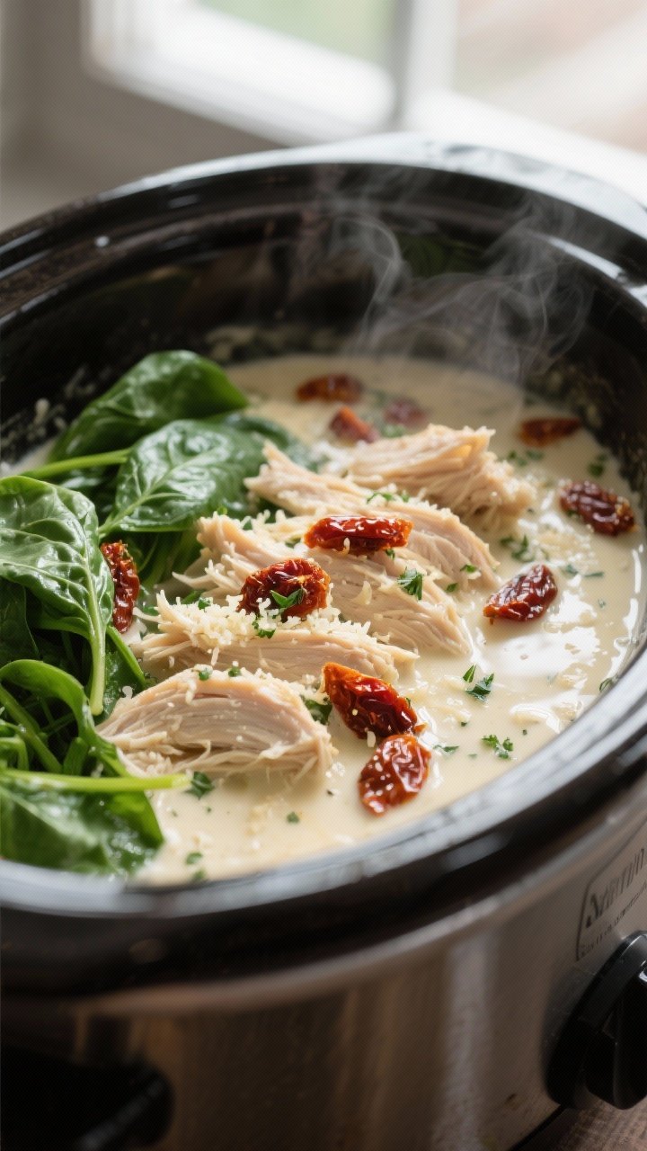 Close-up detail, cooking process: Tender shredded chicken being folded back into a glossy, simmering