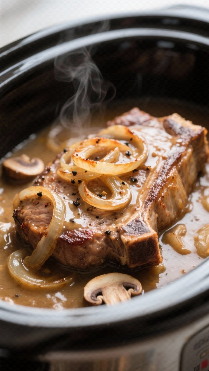 Close-up detail, cooking process: Tender smothered pork chops simmering in a slow cooker, bathed in 