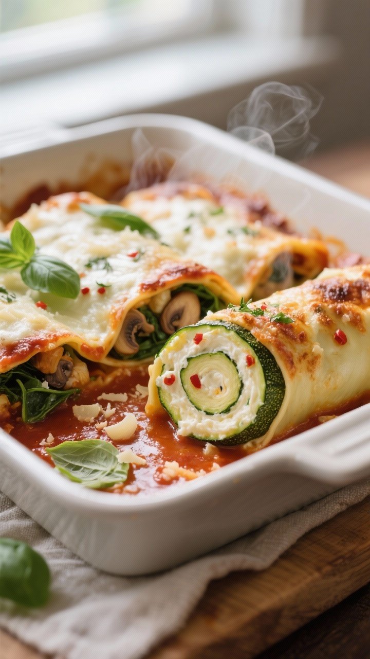 Close-up detail, cooking process: Zucchini lasagna rolls fresh from the oven, nestled in a 9x13 baki