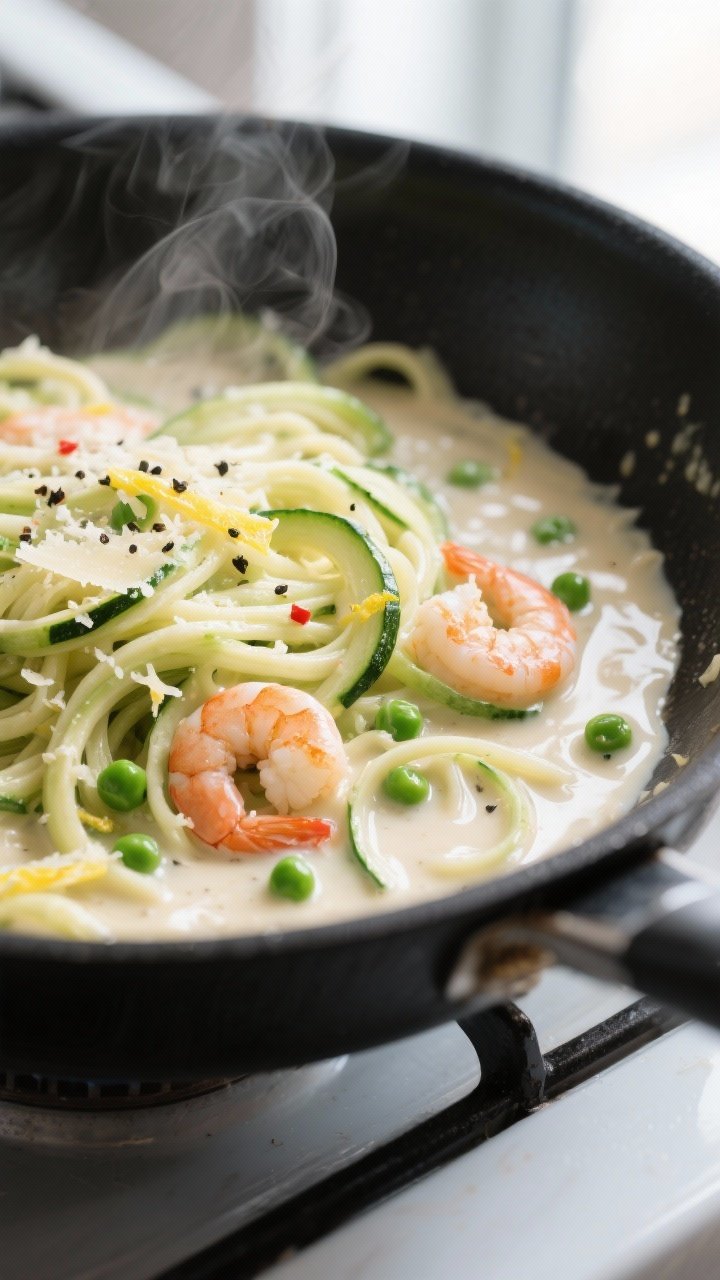 Close-up detail, cooking process: Zucchini noodles being gently tossed in a silky, light Alfredo sau