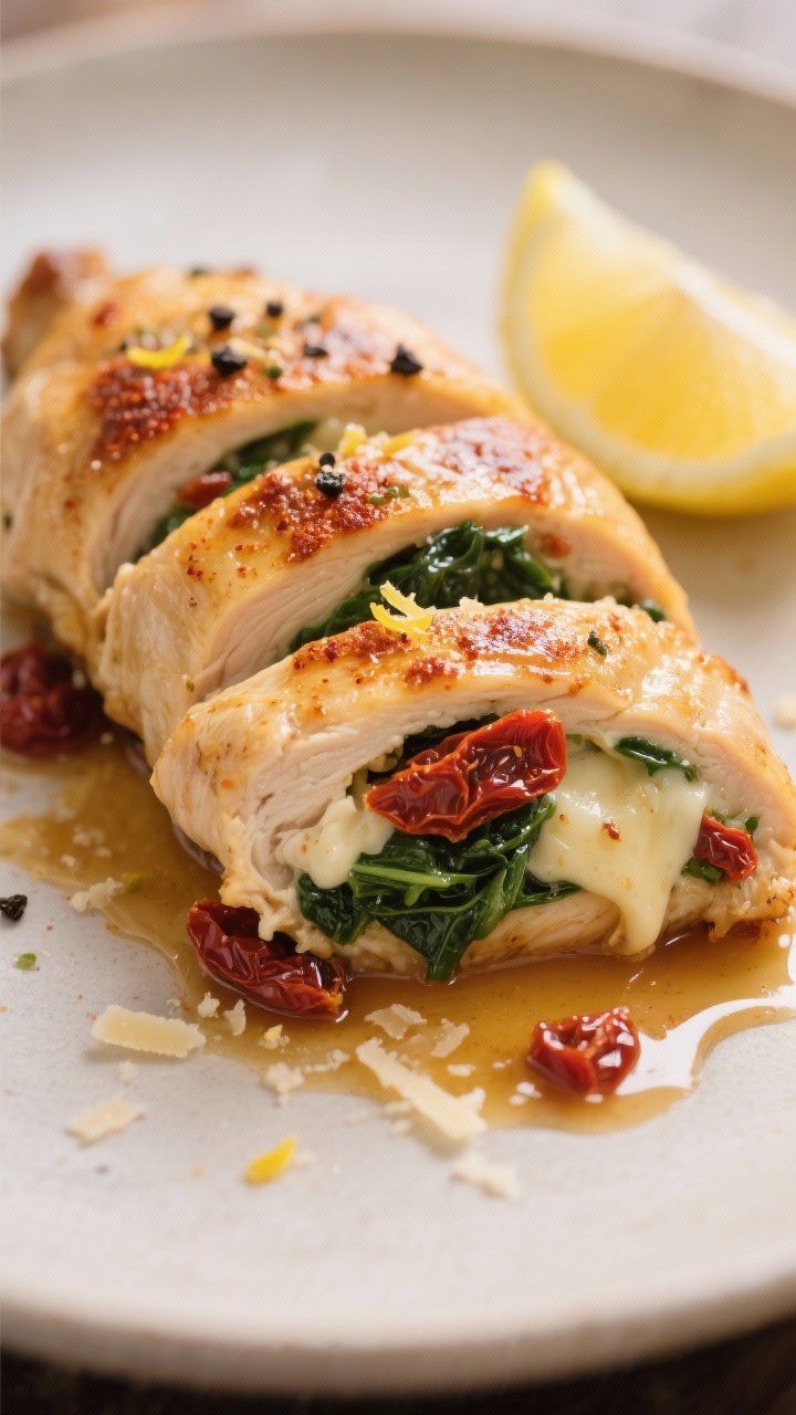 Close-up detail: Golden-seared sun-dried tomato and spinach stuffed chicken breast just sliced after