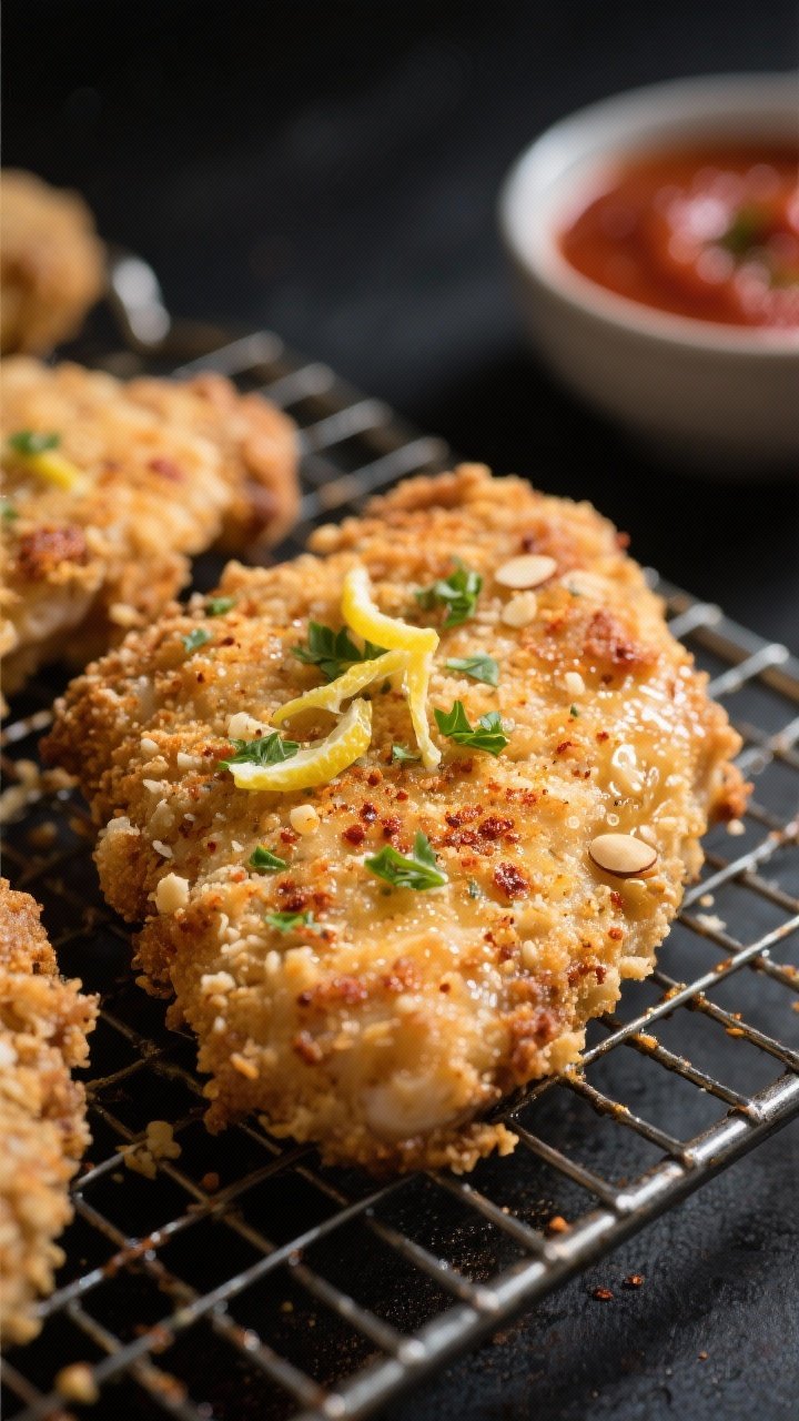 Close-up detail: Low Carb Crispy Parmesan Chicken just out of the air fryer, ultra-crisp golden Parm